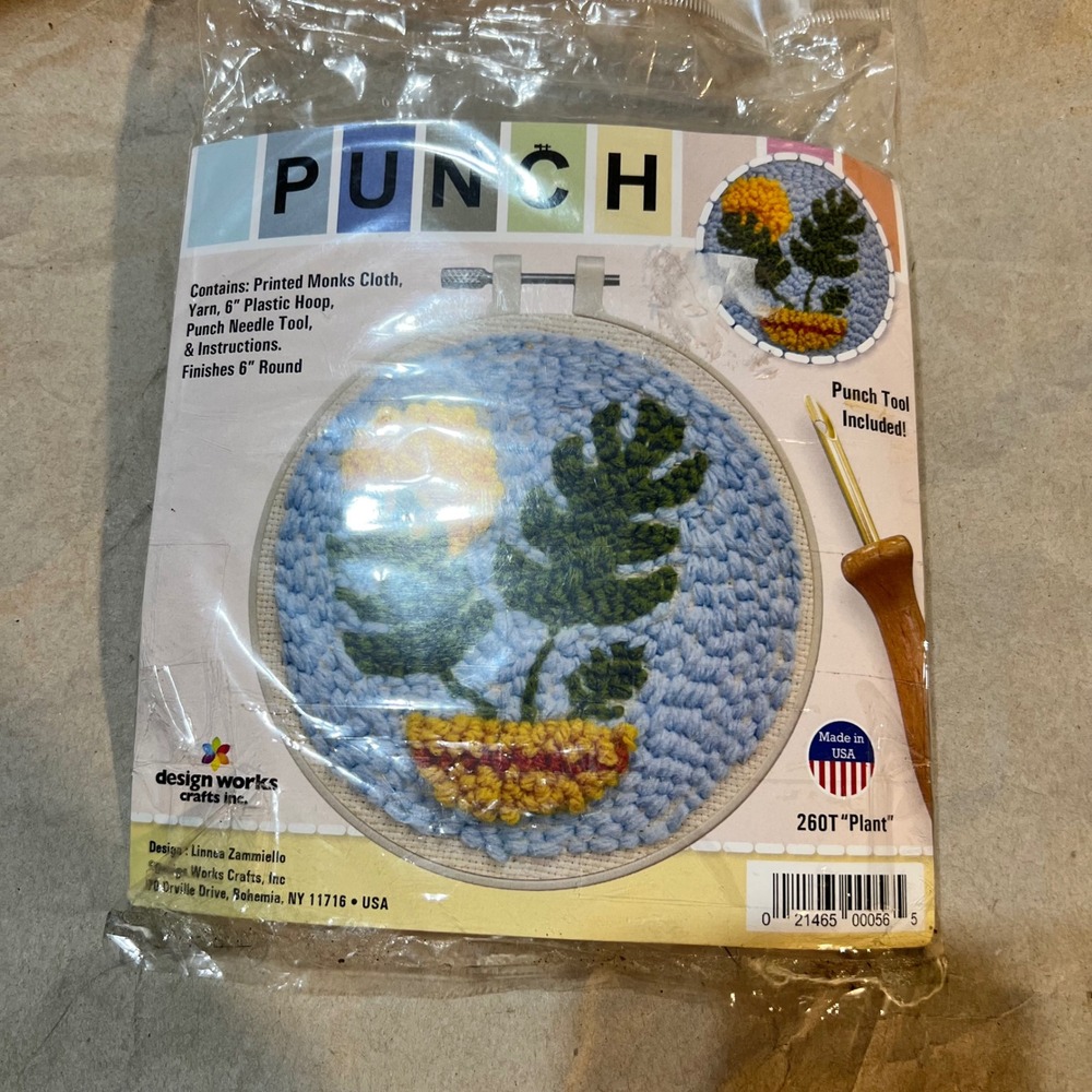 Design Works 6in Punch Needle Kit Plant Monstera Leaf Blue Green Yellow 260T NEW